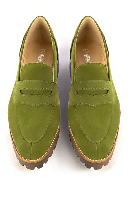 Pistachio green women's casual loafers. Round toe. Low rubber soles. Top view - Florence KOOIJMAN